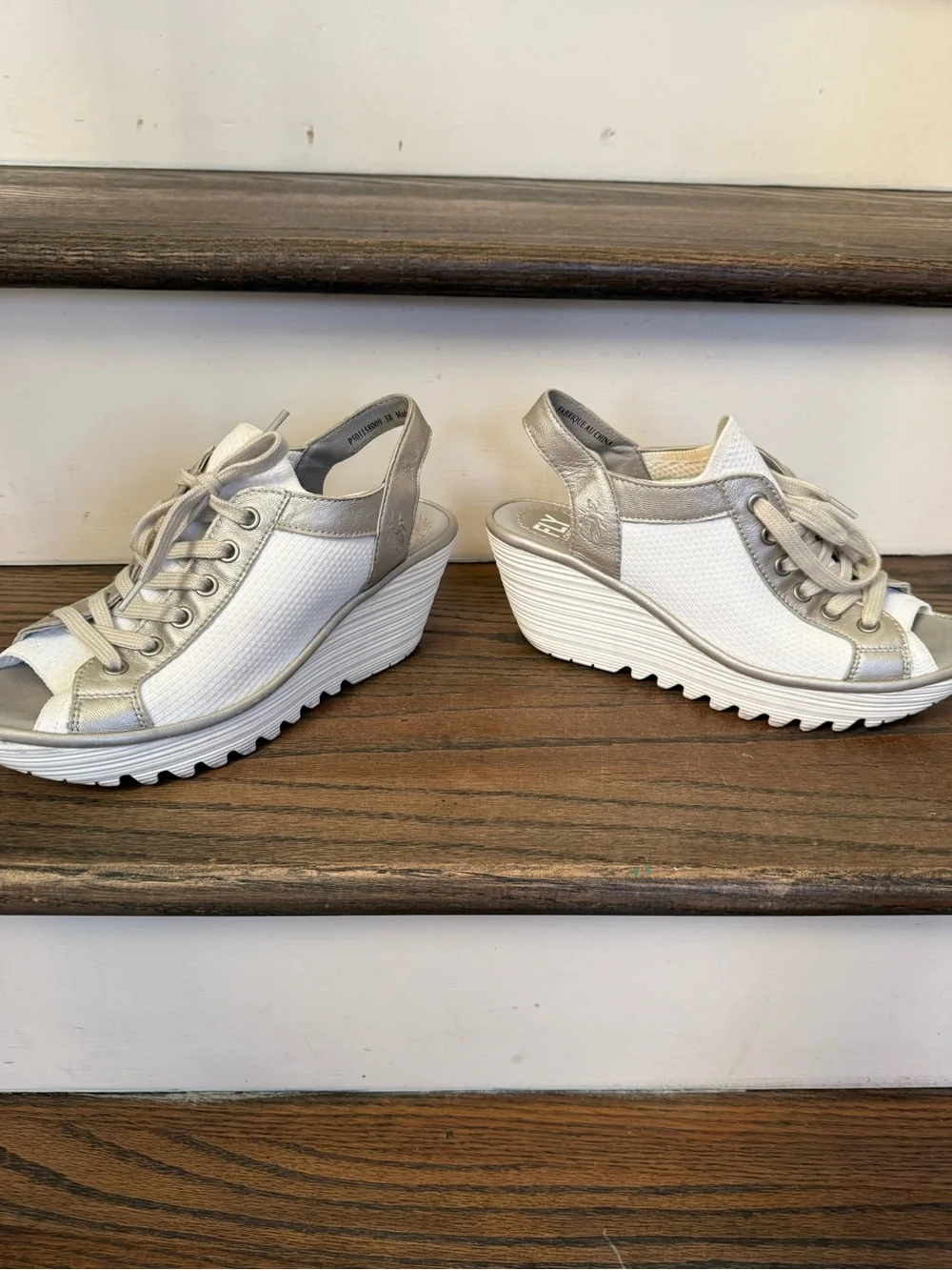 Fly London 38 Yedu Wedge Lace up Sandal  - White & Metallic silver
